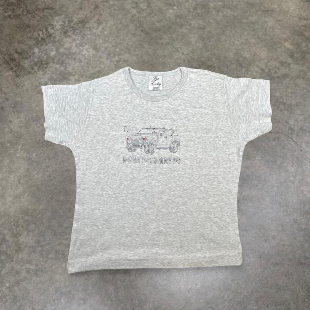 Vintage Y2K Light Grey Rhinestone Graphic Baby Tee Shirt Womens Fitted